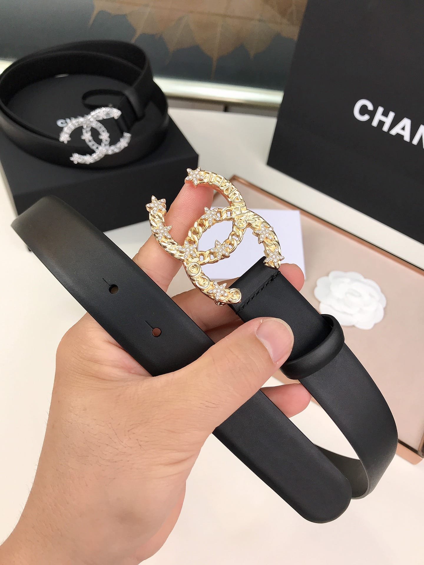 Ch**el Pearls Crystal Gold Black Belt 28Mm