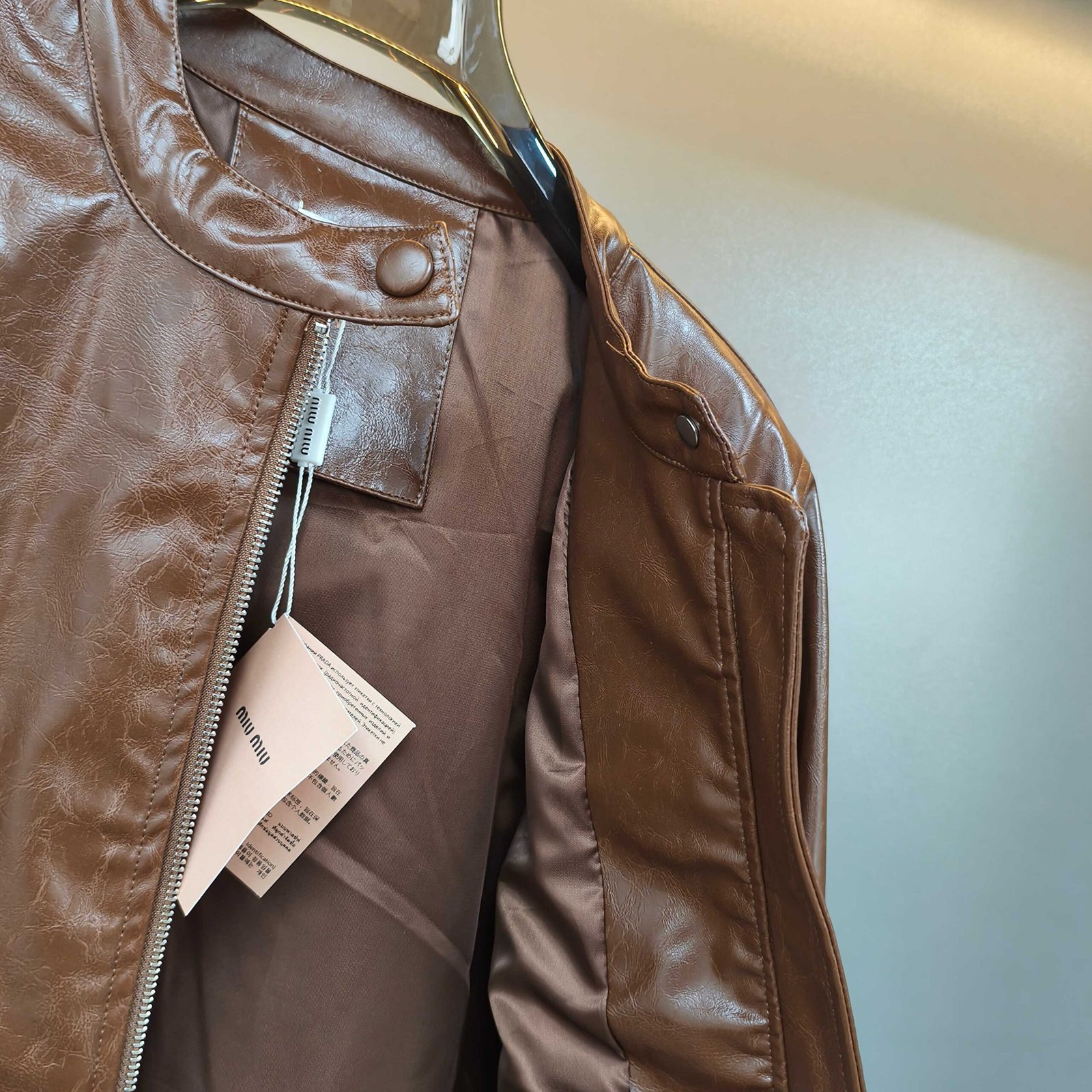 M1um1u Crop Top Jacket Brown Leather
