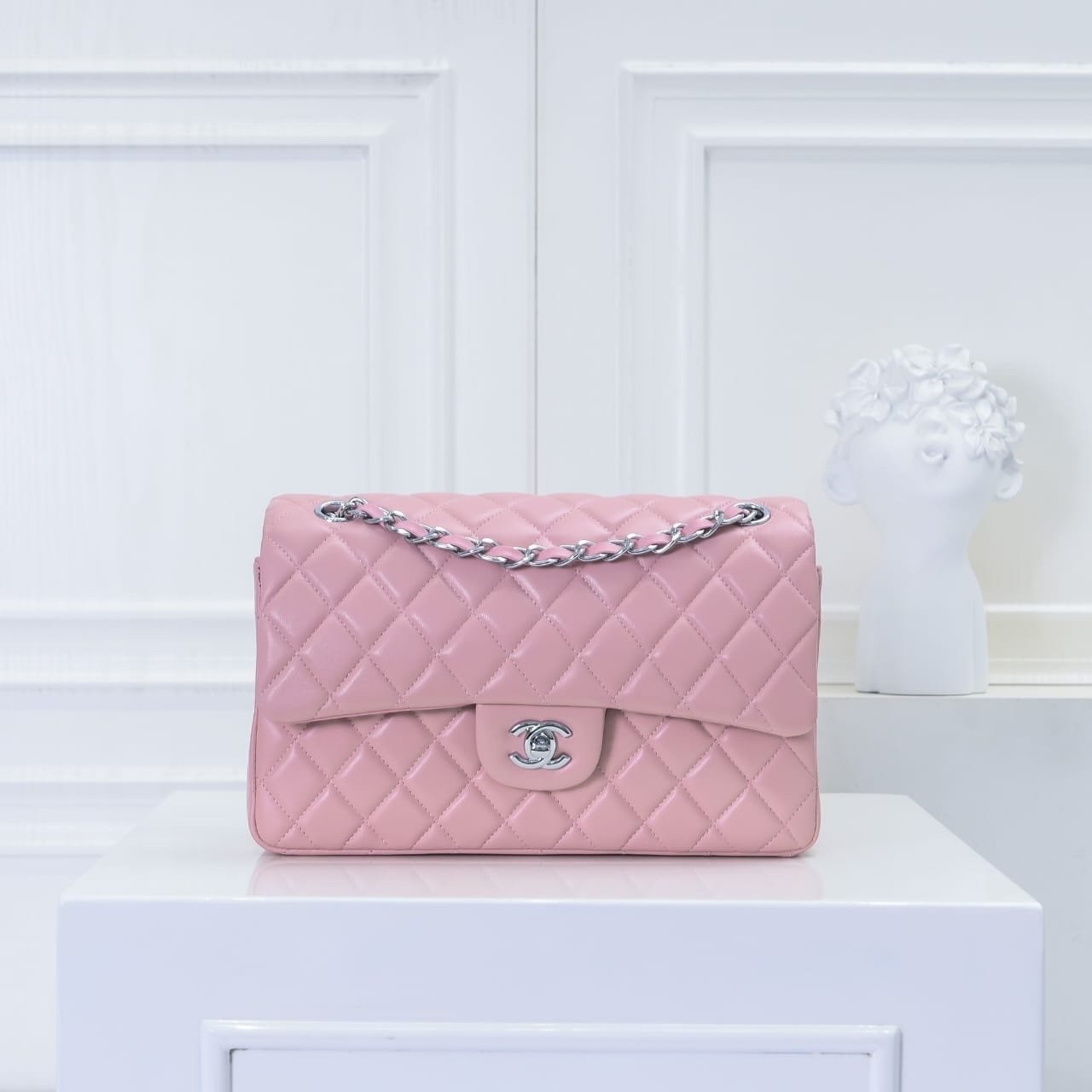 Ch**el Classic Double Flap Bag Silver Hardware Light Pink 25Cm